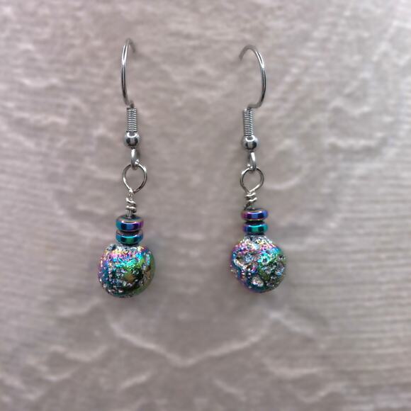 Artisan Iridescent Drop Earrings Electroplated Lava Stone Rainbow Hematite Beads - Picture 10 of 11